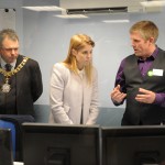 Princess Beatrice speaks with a member of staff at the Hospital