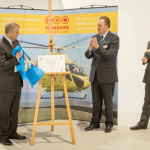 The Duke unveils a plaque to mark the opening of the Nostell Air Support Unit, with Yorkshire Air Ambulance Chairman Peter Sutherland and Deputy Lieutenant The Lord St. Oswald.