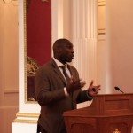 Sol Campbell answers questions from students at The National Studio Schools Trust Student Conference.