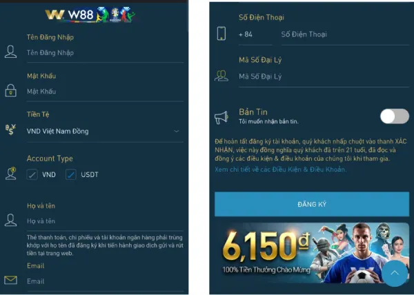 Điền thông tin đăng ký W88